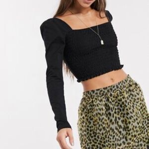 Topshop Long Sleeve Shirred Crop Top in Black